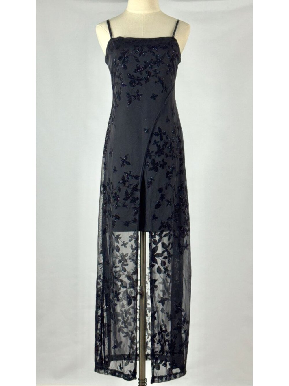 Vtg Y2K Velvet Burnout Floral Maxi Dress Sparkle Sheer Stretch Whimsigoth Witchy